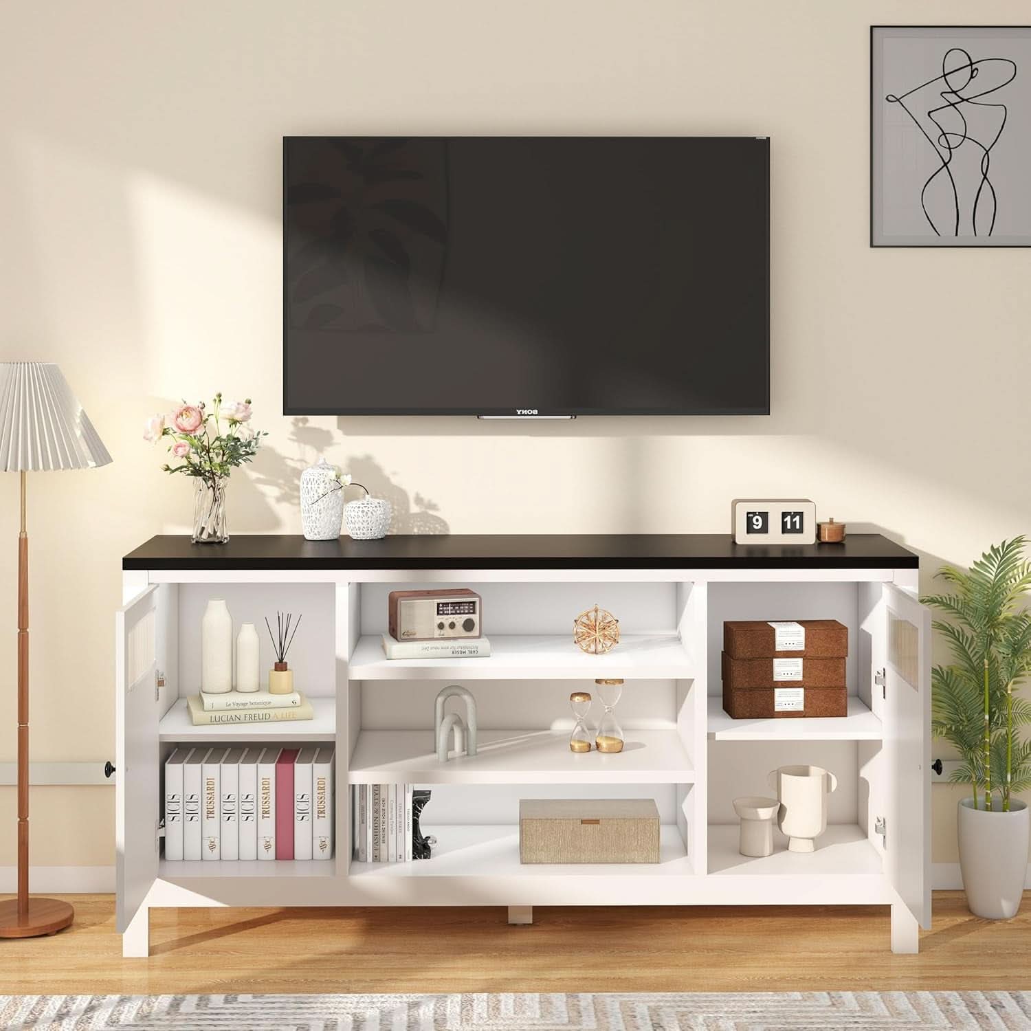 White TV Stand 63 Inch Modern Hidden Storage Console