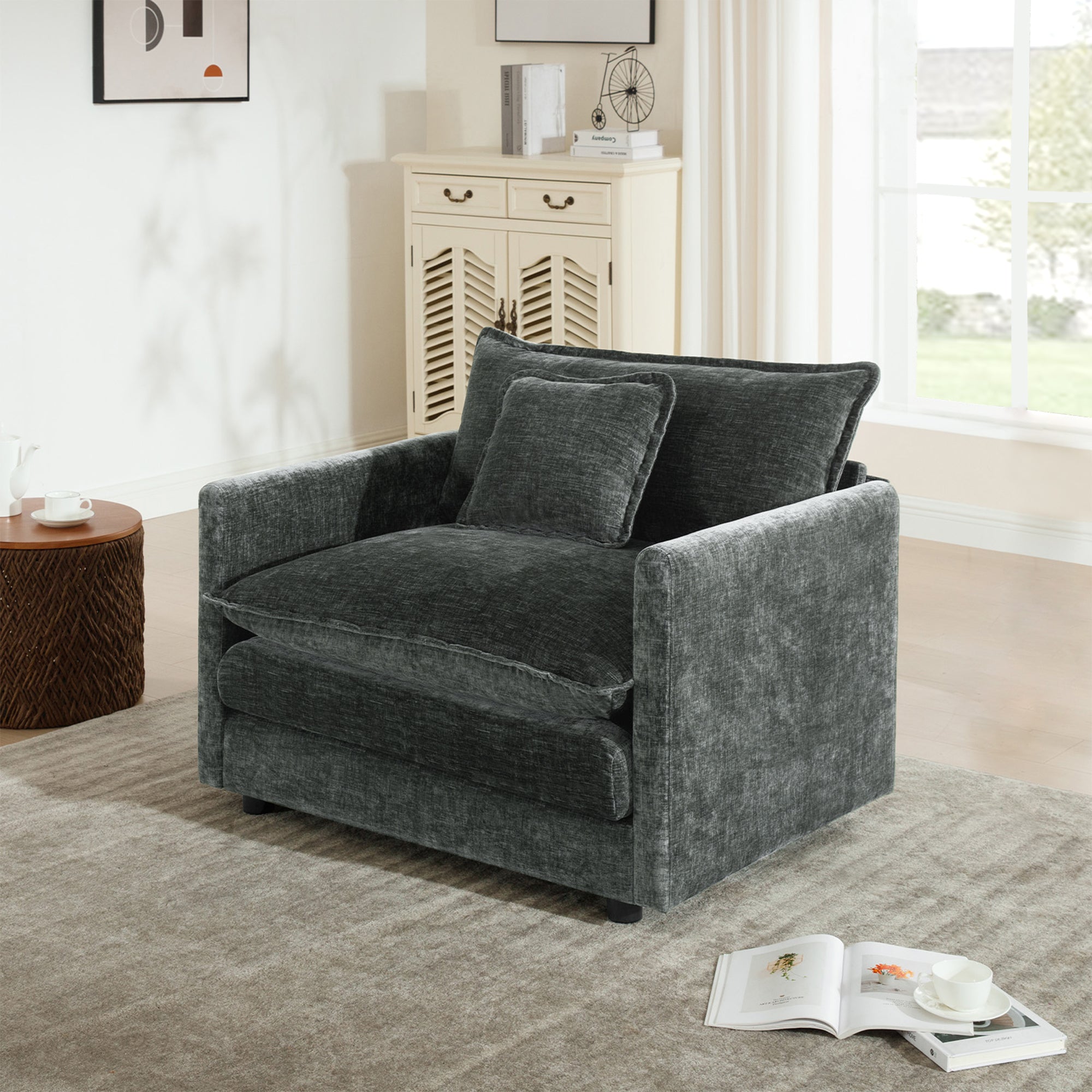 Comfy Deep Single Seat Sofa Upholstered Reading Armchair Living Room Chair Gray Chenille Fabric , 1 Toss Pillow