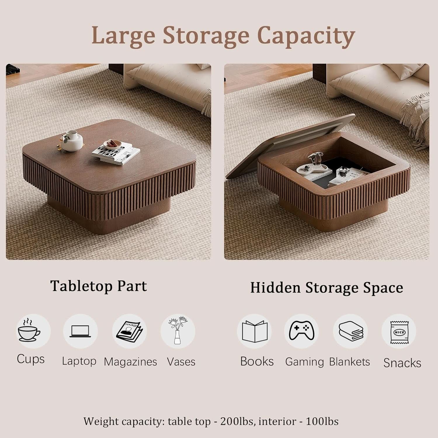 Walnut Square Coffee Table Featuring Concealed Storage-4