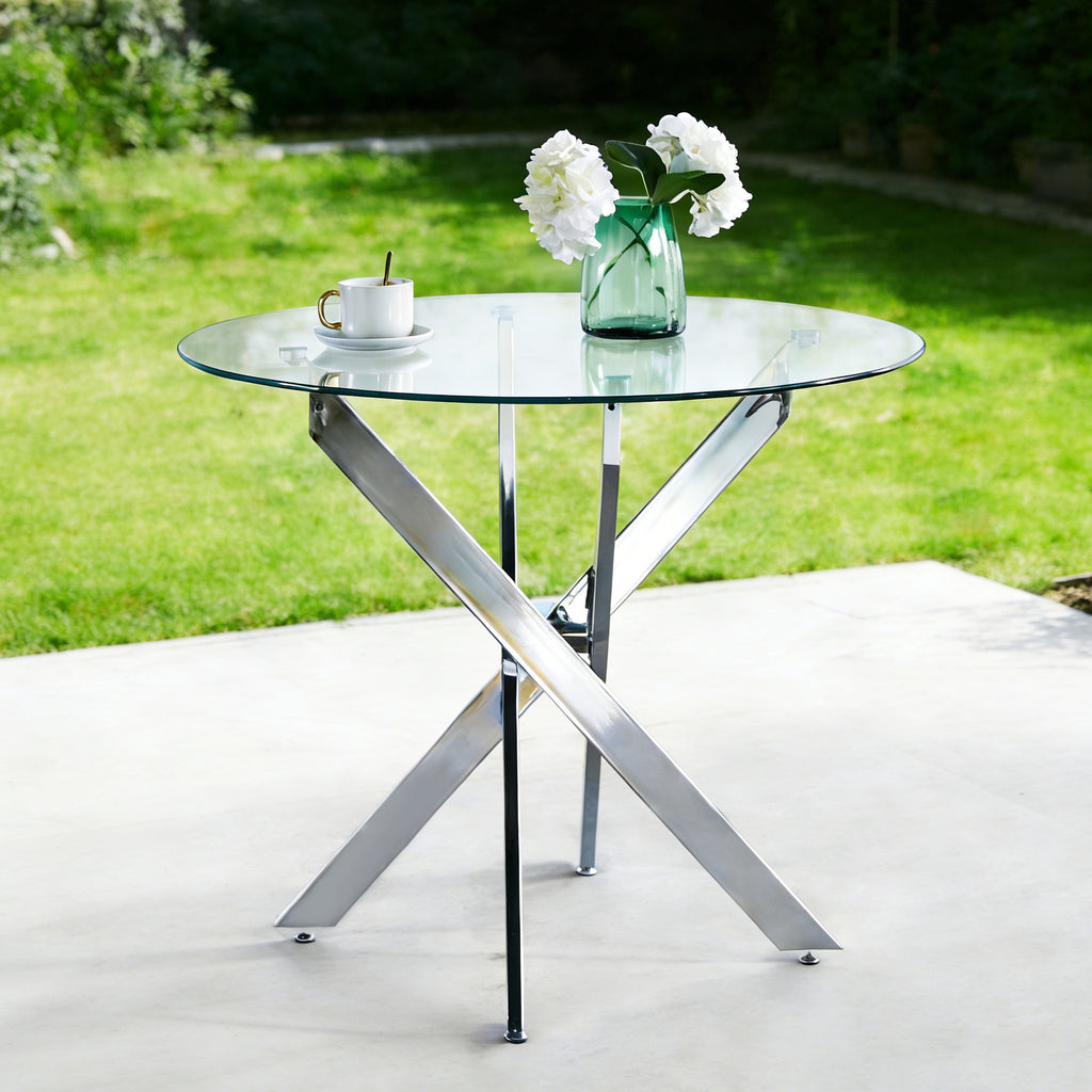 Dining Table with cross metal leg and tempered glass,Modern Space Saving Kitchen Table for Living Room,chrome legs