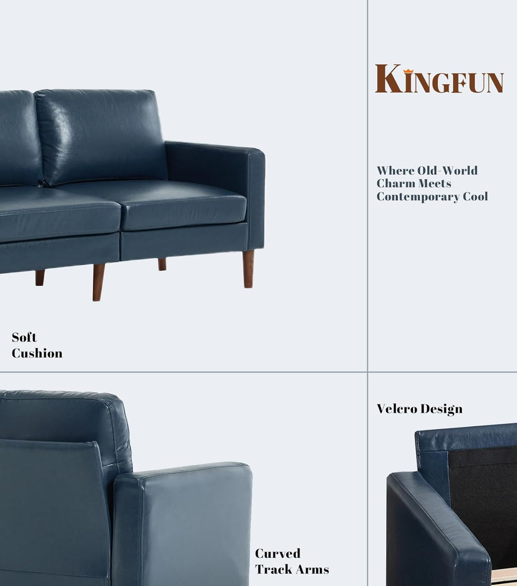 Mid Century Modern Faux Leather Sofa 91Inch Navy Blue-3