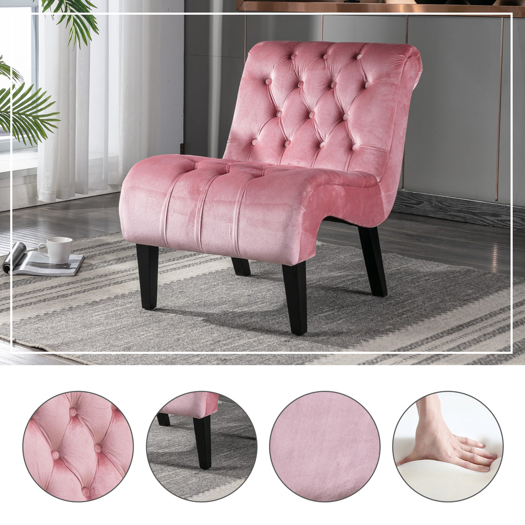 COOLMORE Modern Velvet Armless Accent Living Room Chair / Leisure Chair,Upholstered Fabric Button Comfortable Chair with Wooden Legs for Bedroom, Living Room, Office (Pink Velvet)