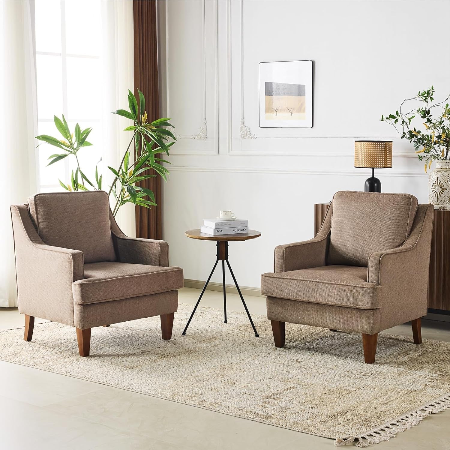 Light Brown Upholstered Midcentury Accent Chairs Pair