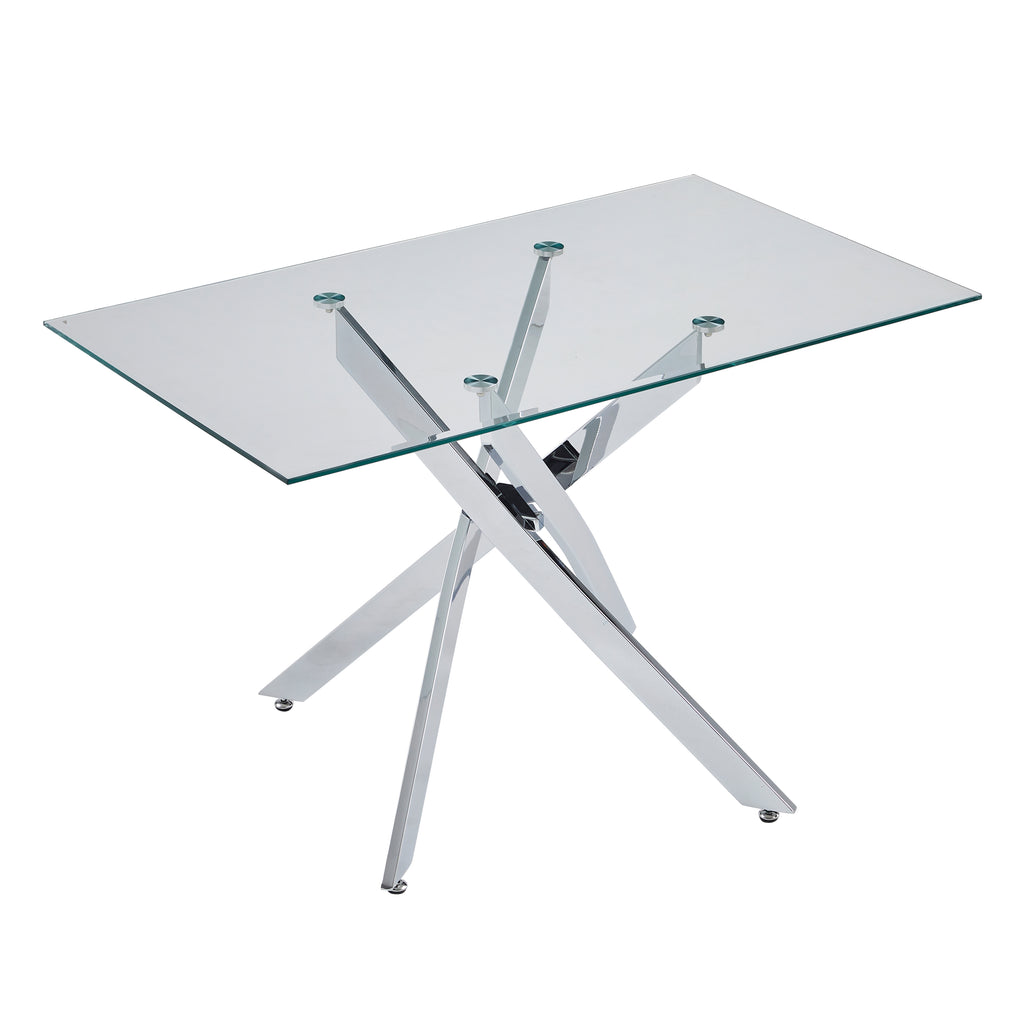 Modern Rectangular Glass Table with Silver Metal Frame, 47.24 Inches Long, Tempered Glass Top, Suitable for Dining Room, Living Room, Office, Cafe, Bedroom