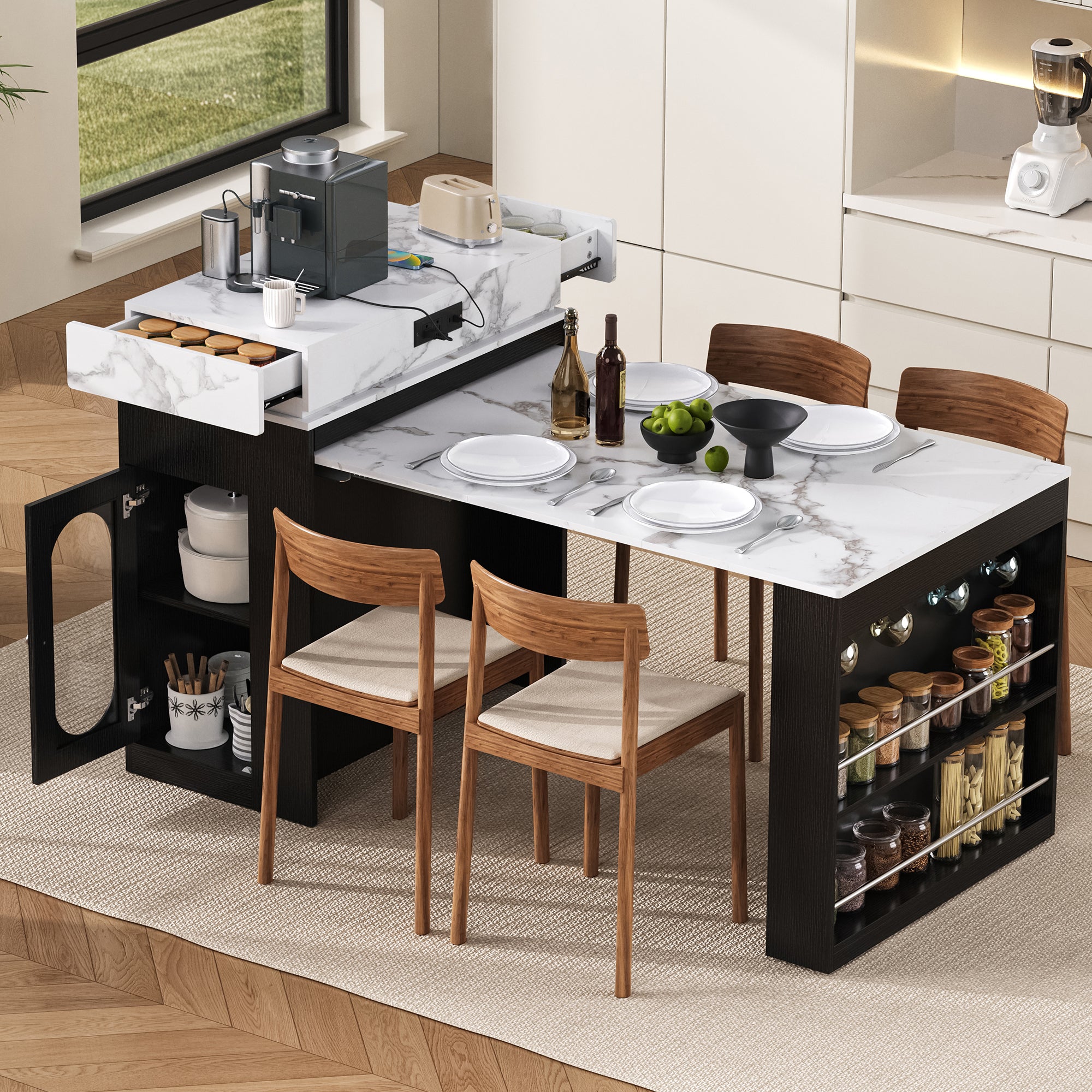 TREXM Extendable Dining Table with Folding Top, Bar Table with Drawers and Power Outlet, Kitchen Island with Wheels and Hooks, Sideboard for Kitchen and Dining Room in Black+Marble White