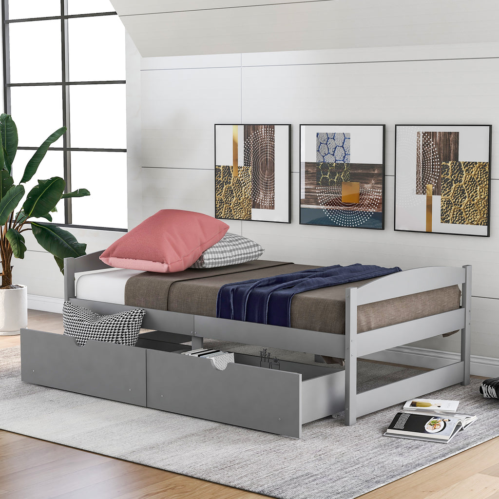 Gray Twin Size Platform Bed with Two Drawers, Pine Wood and MDF Construction