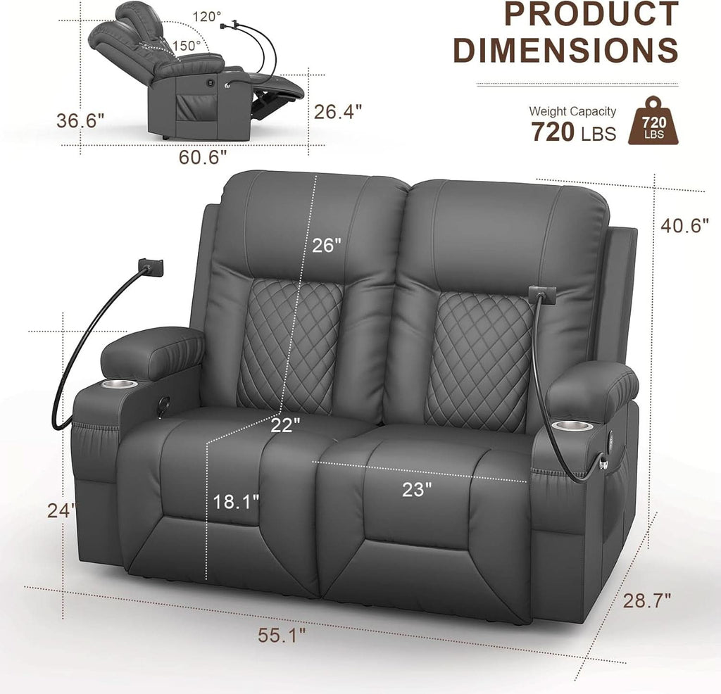 Gray PU Leather Two Seater Recliner Loveseat With USB Ports-1