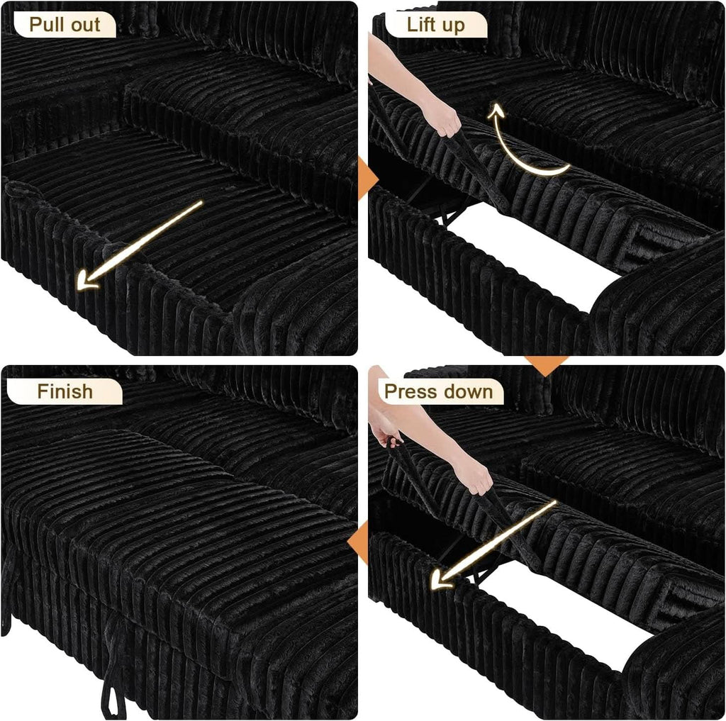 Black 122Inch U Shaped Sleeper Sectional USB Charging Ports-4