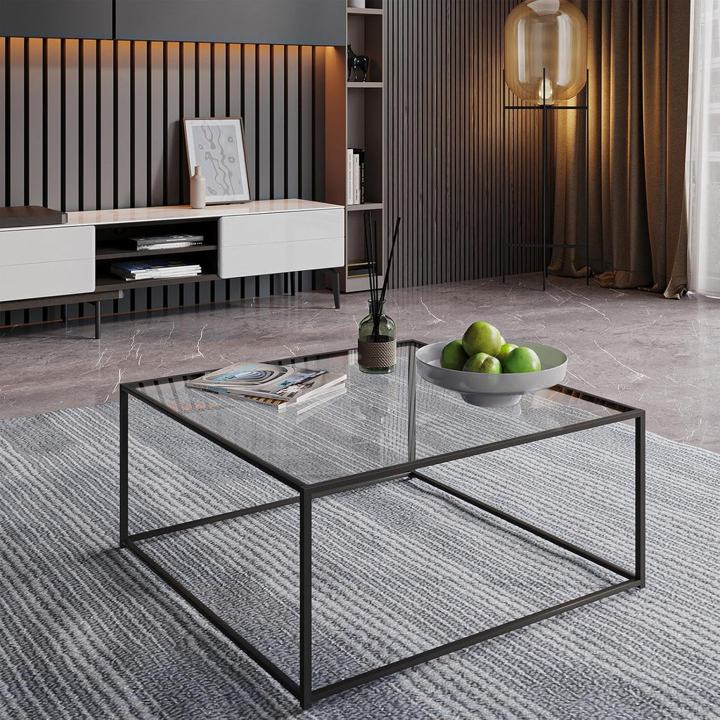 Tempered Glass Coffee Table Charcoal Black Metal Center