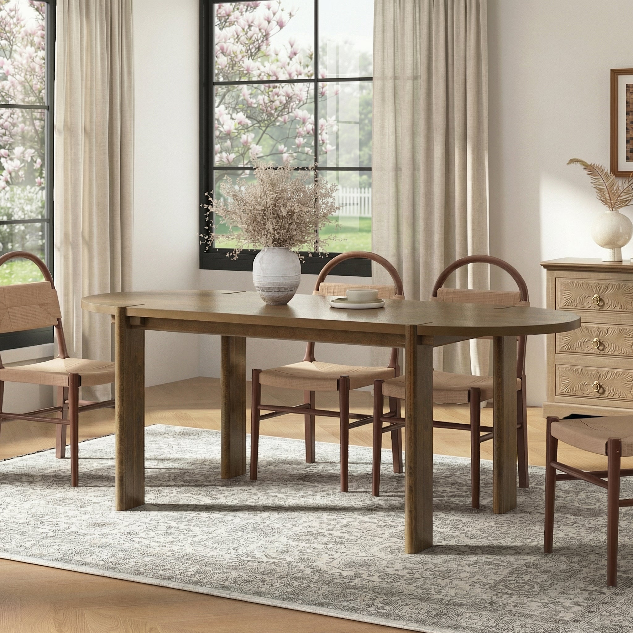 Modern Wooden Dining Table for 4 to 6 People, 71' Large Kitchen Dining Table with Wood Pedestal Base, Mid Century Oval Long Dinner Table for Home Dining Room Restaurant, Walnut