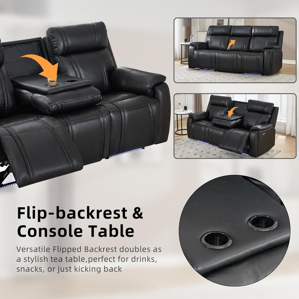 Black Leather Ambient Lighting Power Recliner Sofa-3