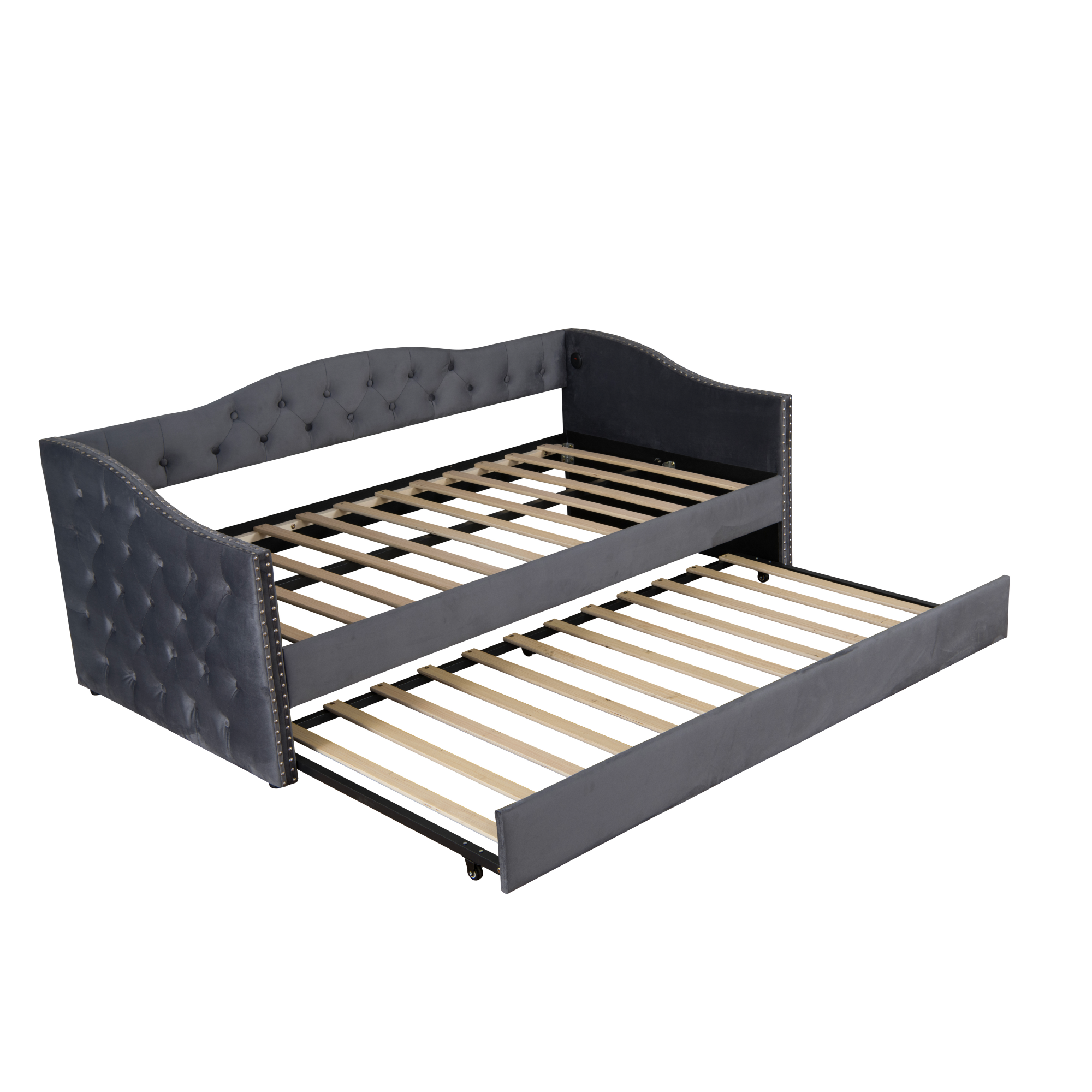 Twin Size Upholstered Daybed with Trundle and USB Charging Design, Sturdy Wood Slat Support, Wood Bed Frame for Bedroom/Guestroom/Dorm,Plush Velvet Fabric,Gray