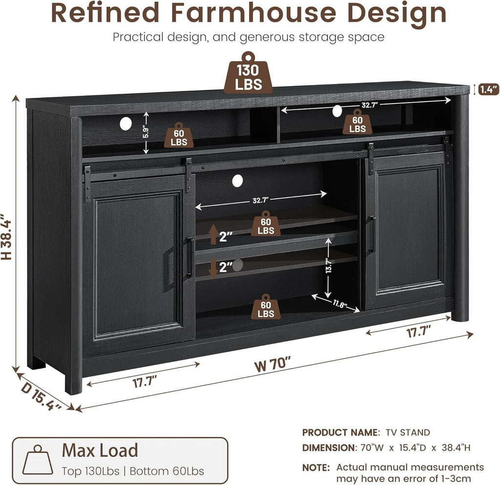 Farmhouse TV Stand Entertainment Center Sliding Doors Black