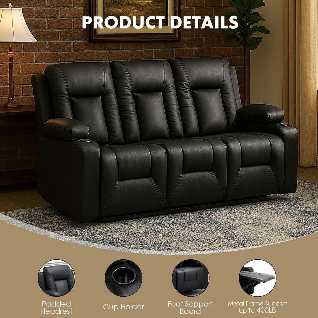 Black Leather Upholstered Manual Recliner Sofa Set-2