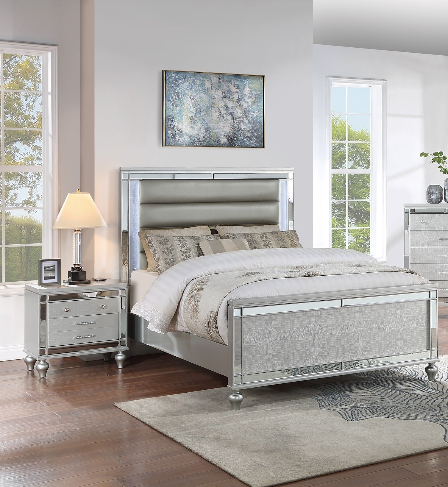 Bedroom Furniture Modern Queen Size Bed 2x Nightstands LED Lights Glass Panel Horizontal Tufting Silver