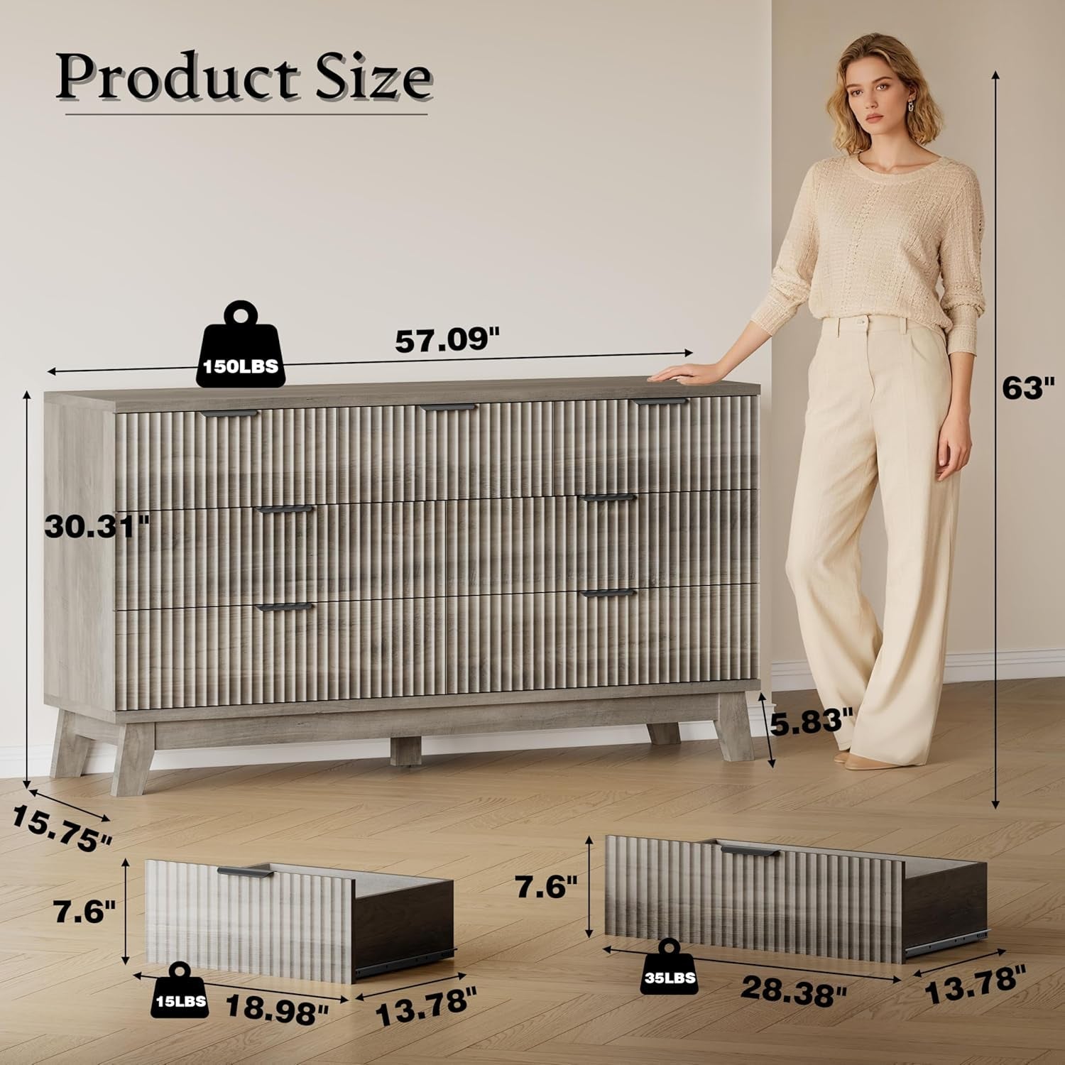 Fifty Seven Inch Fluted Seven Drawer Solid Wood Dresser
