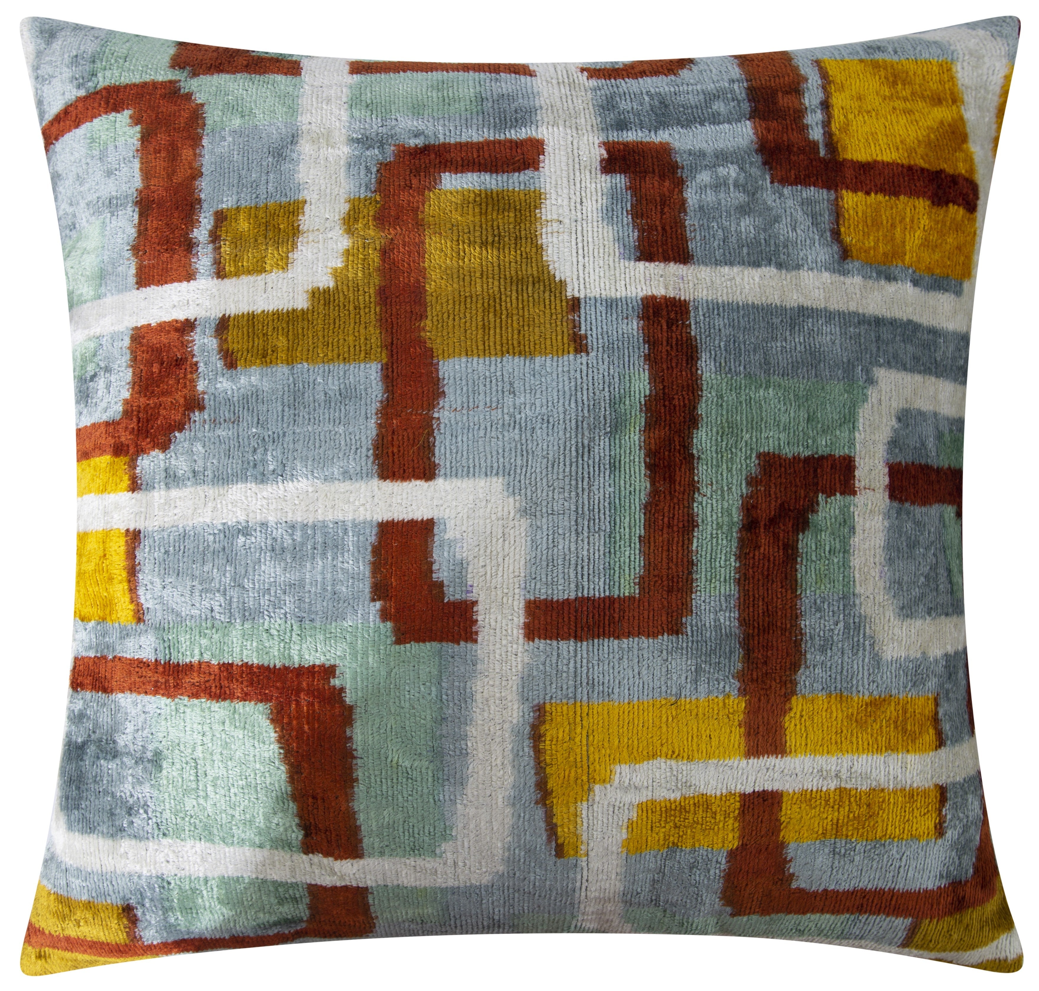 Handmade Silk Velvet Throw Pillow - 20x20, Modern Geometric Design in Burnt Orange, Yellow, and Mint Green with Down Feather Insert