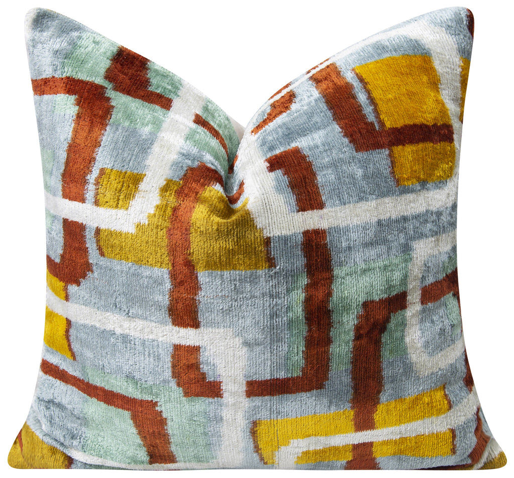 Handmade Silk Velvet Throw Pillow - 20x20, Modern Geometric Design in Burnt Orange, Yellow, and Mint Green with Down Feather Insert