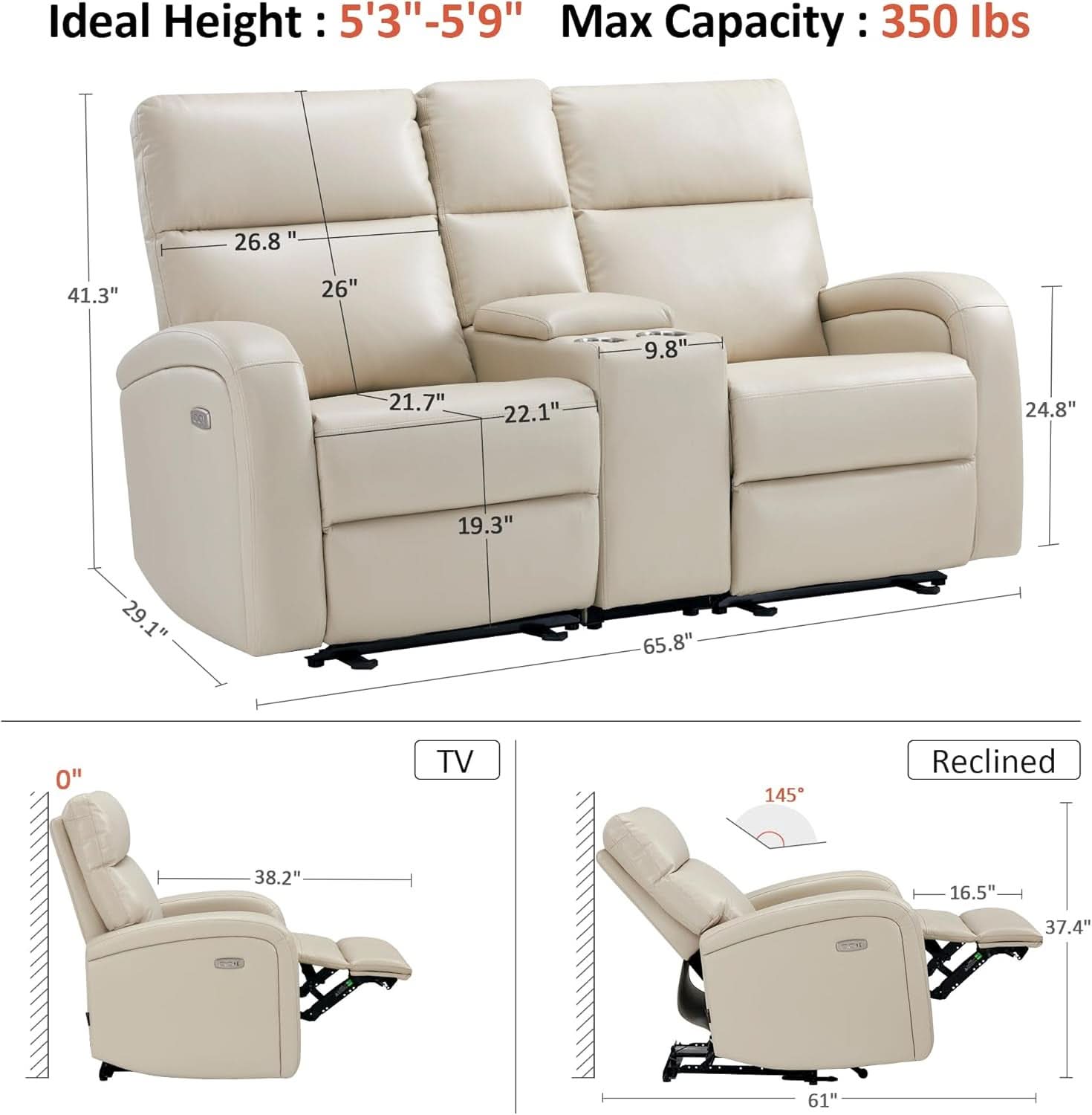 65.7-Inch Zero Wall Recliner Loveseat With Console-2