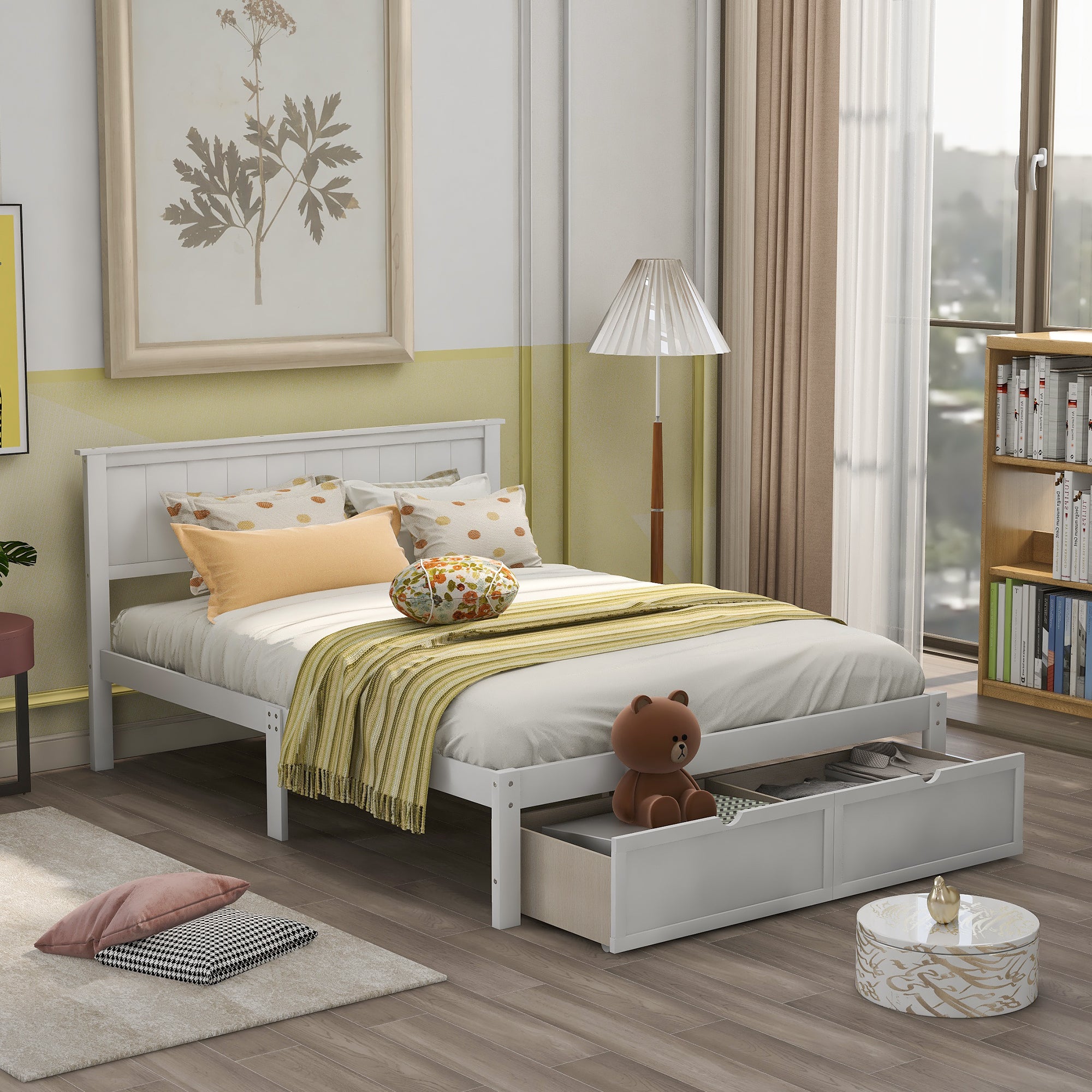 White Full Size Platform Bed with Under-bed Drawers, Solid Pine Wood and MDF, 78.3''L x 58.5''W x 36.2''H