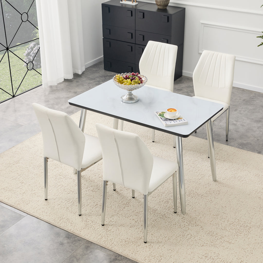 Table and chair set.White imitation marble texture glass top + lower black MDF board, silver metal tapered legs.Paired with 4 White PU Chairs with silver legs. 37 inches High: Ergonomic PU Backrest.