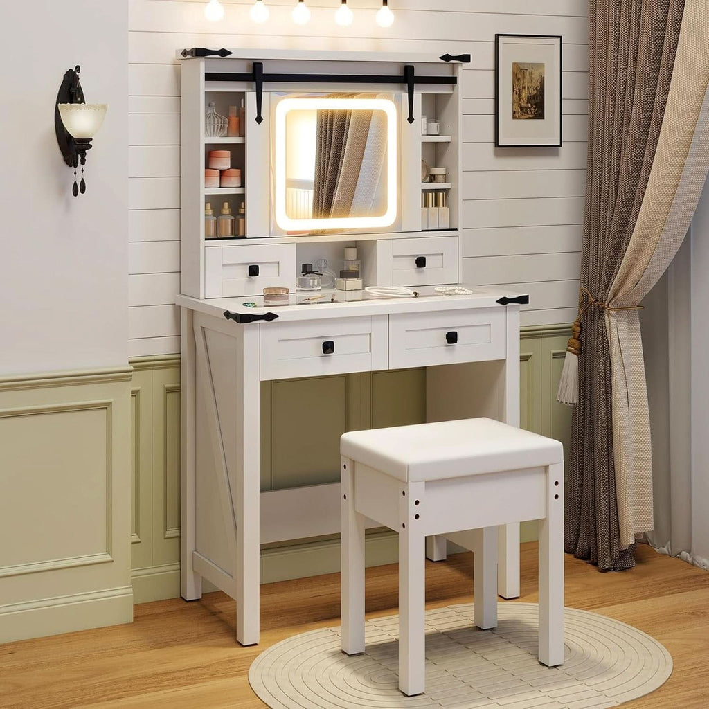 White Vanity Desk With Sliding Mirror Illumination-2