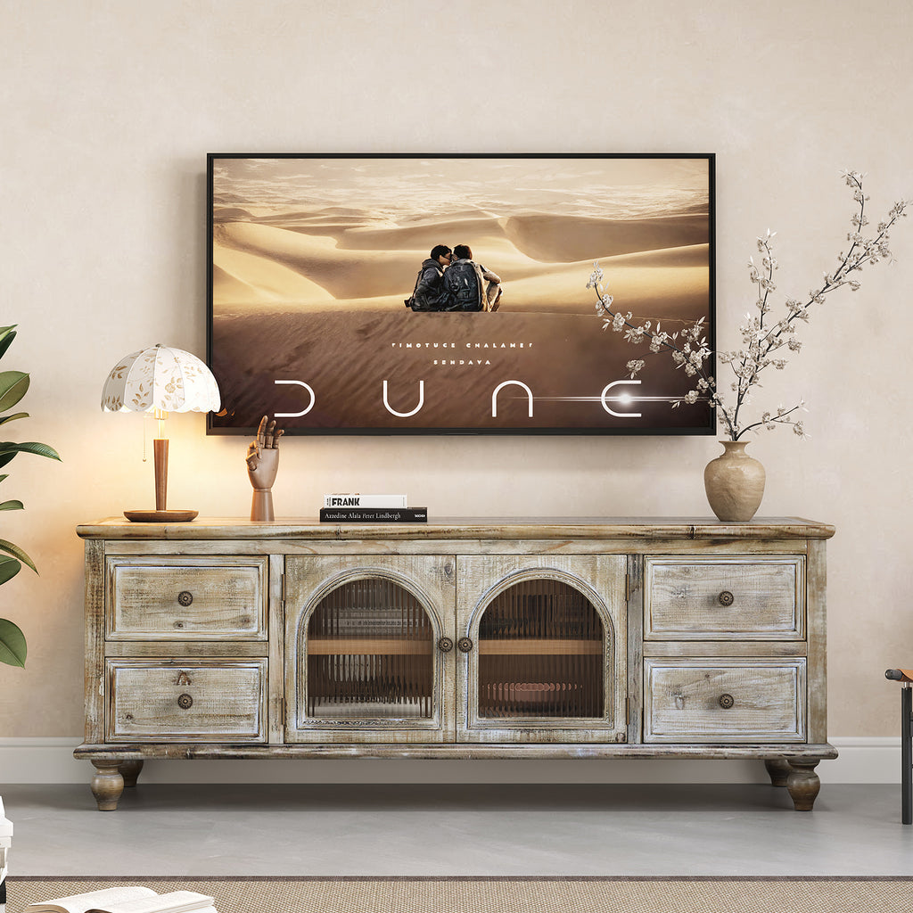 60' Farmhouse TV Stand with 4 Drawers & 2 Glass Doors, Rustic Wood Media Console, Distressed Entertainment Center for TV, Natural Distressed