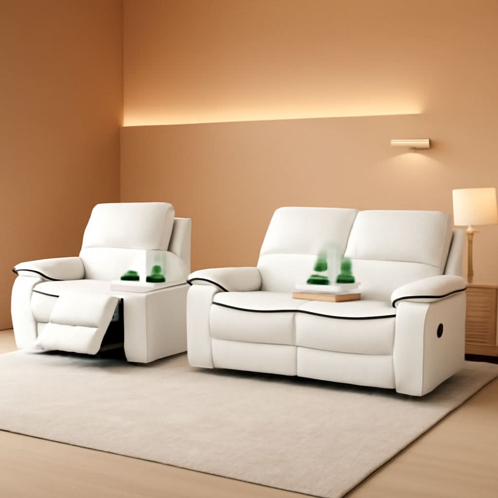 Leather Recliner Sofa Set With Storage Console White-0