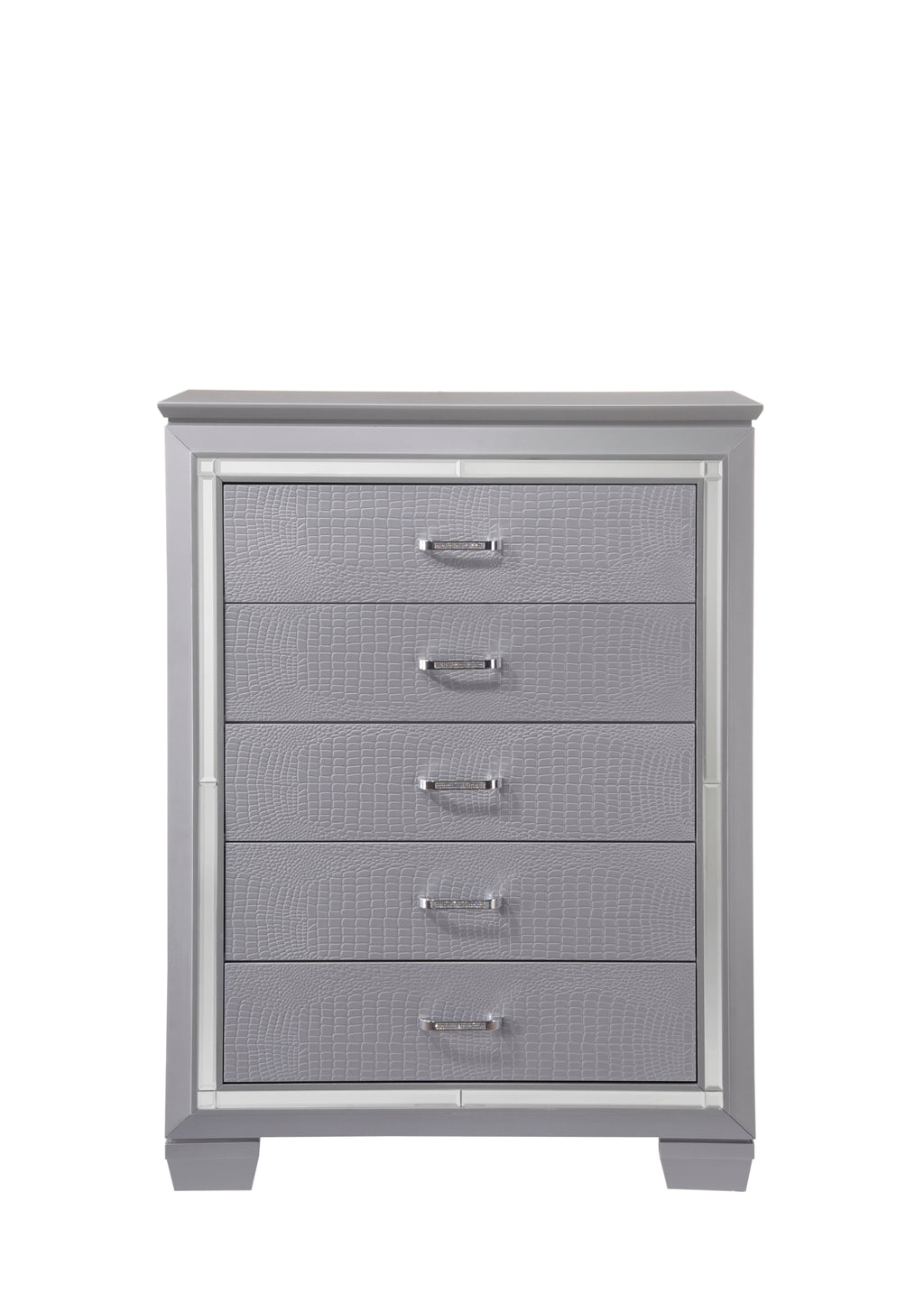 1pc Modern Five Drawer Tall Chest Mirror Accents Chrome Finish Hardware Faux Crystal Accent Silver Finish