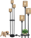 Boho Floor Lamp with Shelves, 3-Lights Farmhouse Tall Floor Lamp with ON/OFF Foot Switch, Rustic Standing Lamp with Rattan Shades for Living Room Bedroom Office