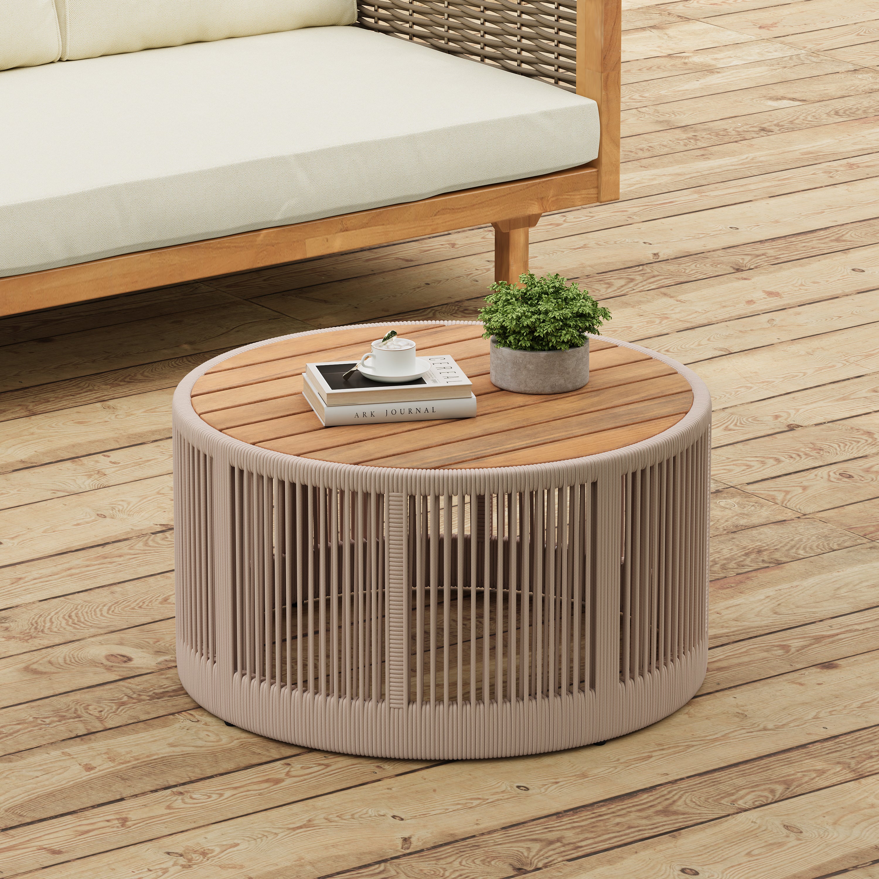 Outdoor Rattan rope & Acacia Wood Coffee Table - Patio Balcony Furniture for Garden, Yard, Balcony - Weather Resistant(Rope Beige, Natural Iron)