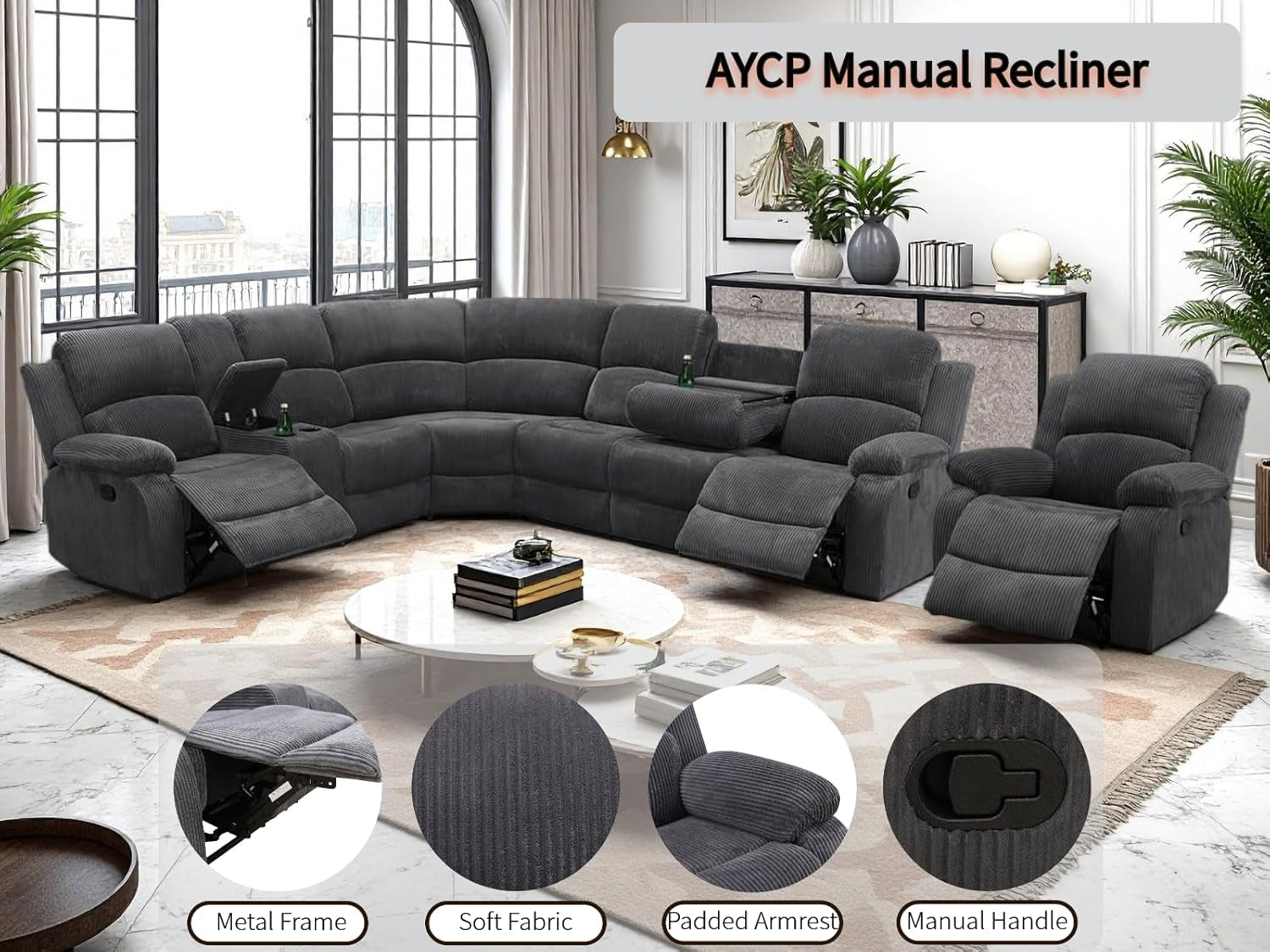 Midnight Grey Corduroy Manual Recliner Sectional Sofa-3