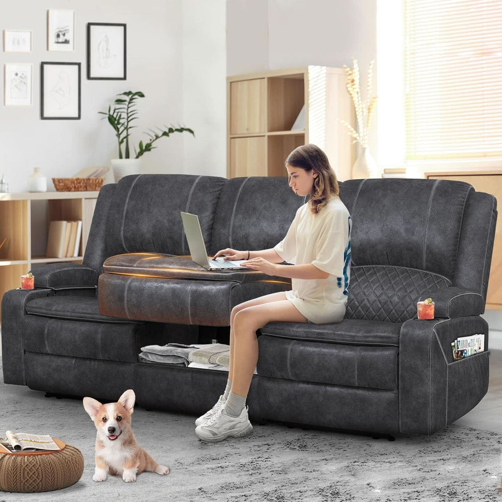 Grey Three Seater Manual Recliner Sofa Modern Living Room-0