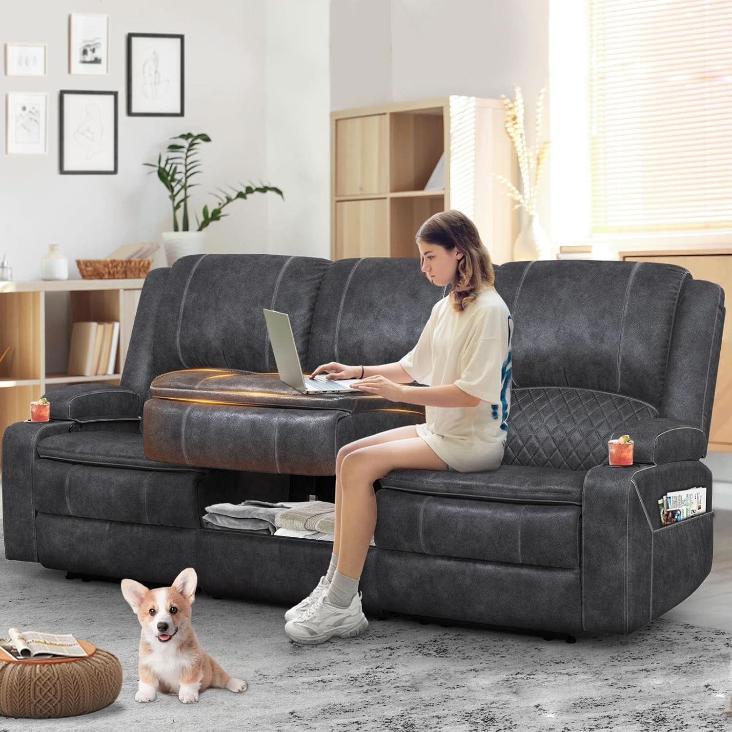 Grey Three Seater Manual Recliner Sofa Modern Living Room-0