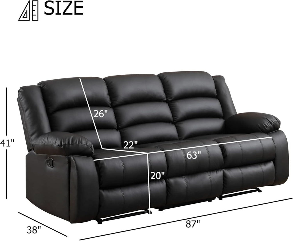 Black Faux Leather Manual Recliner Sofa Cupholders-1