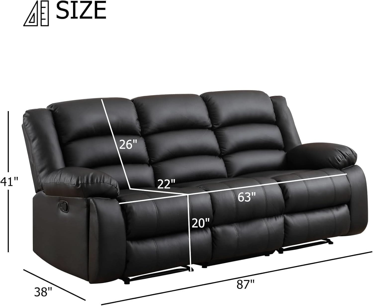 Black Faux Leather Manual Recliner Sofa Cupholders-1