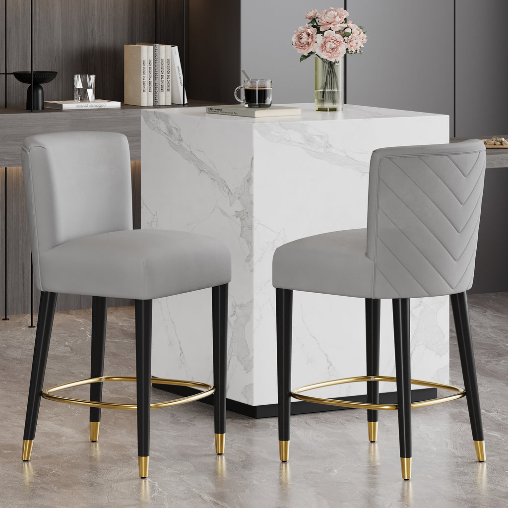 27inch-counterstool, modern design with a smooth, light - colored fabric and circular footrest with a gold - colored finish,creates a sophisticated and luxurious look--Grey