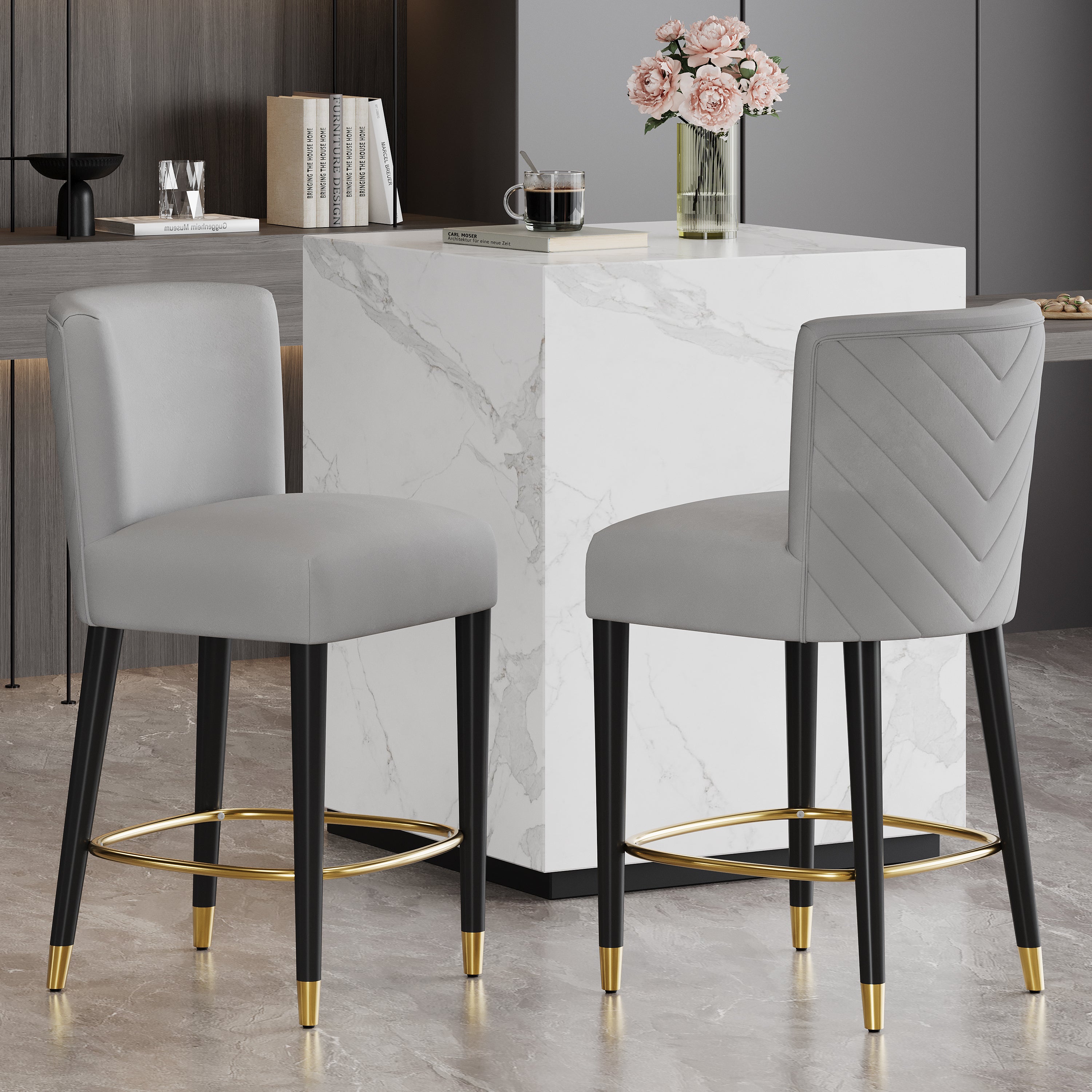 27inch-counterstool, modern design with a smooth, light - colored fabric and circular footrest with a gold - colored finish,creates a sophisticated and luxurious look--Grey