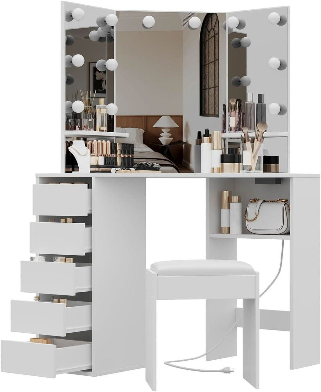 White Corner Vanity Desk With Illumination Modules-1