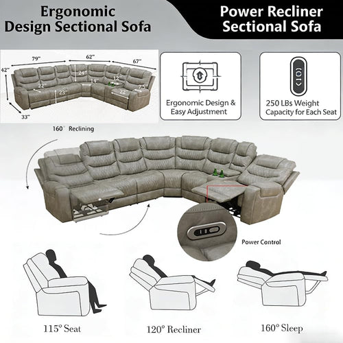 Breathing Leather Power Recliner Sectional Sofa USB-1