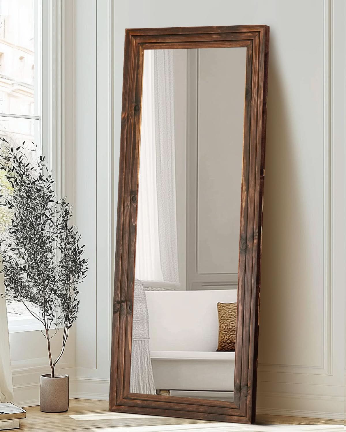 65Inch Full Length Floor Mirror Brown Solid Wood Frame-3
