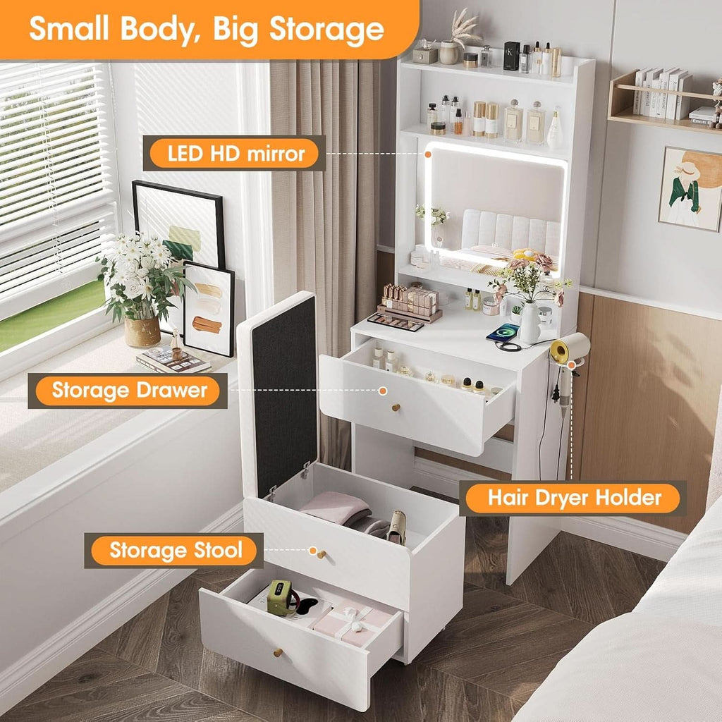 White Makeup Vanity Desk With High Capacity USB Charging-2
