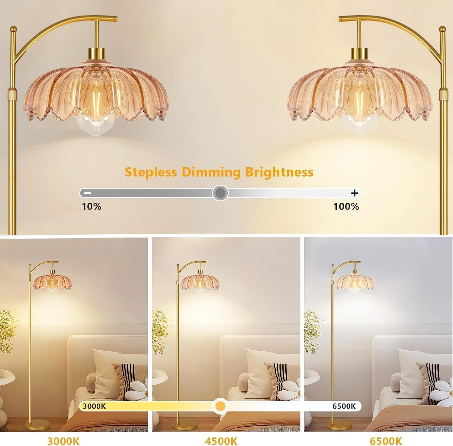 Gold Floor Lamp Arc Midcentury Amber Remote Control-1