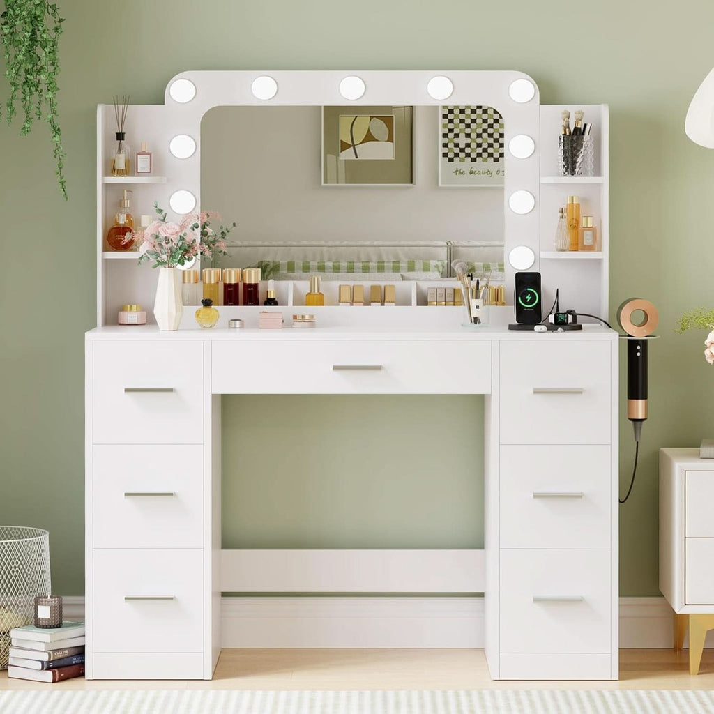 Makeup Vanity Desk White Illuminated Mirror Shelves-1