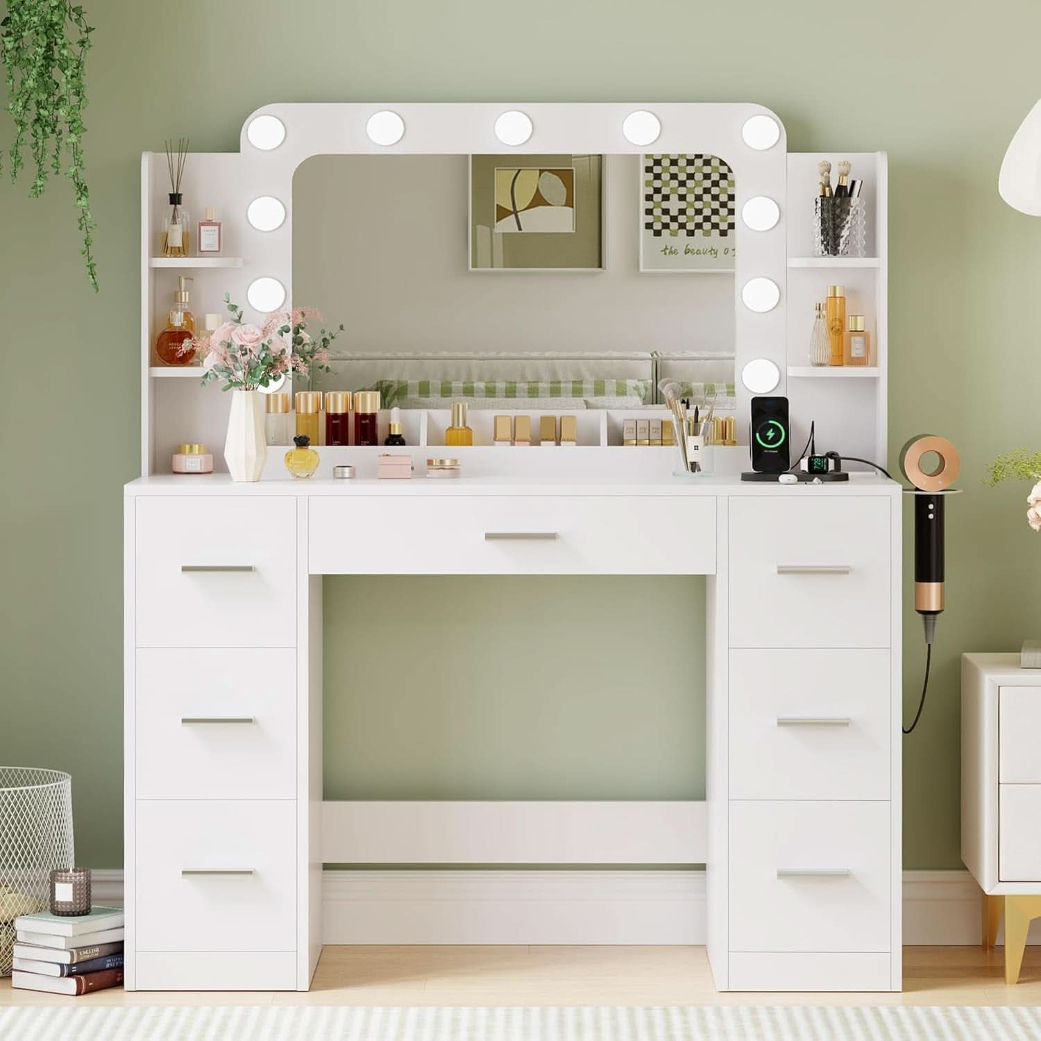Makeup Vanity Desk White Illuminated Mirror Shelves-1