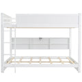 White Queen over Queen Bunk Bed with Storage Cabinets and USB Ports, Pine Wood+MDF