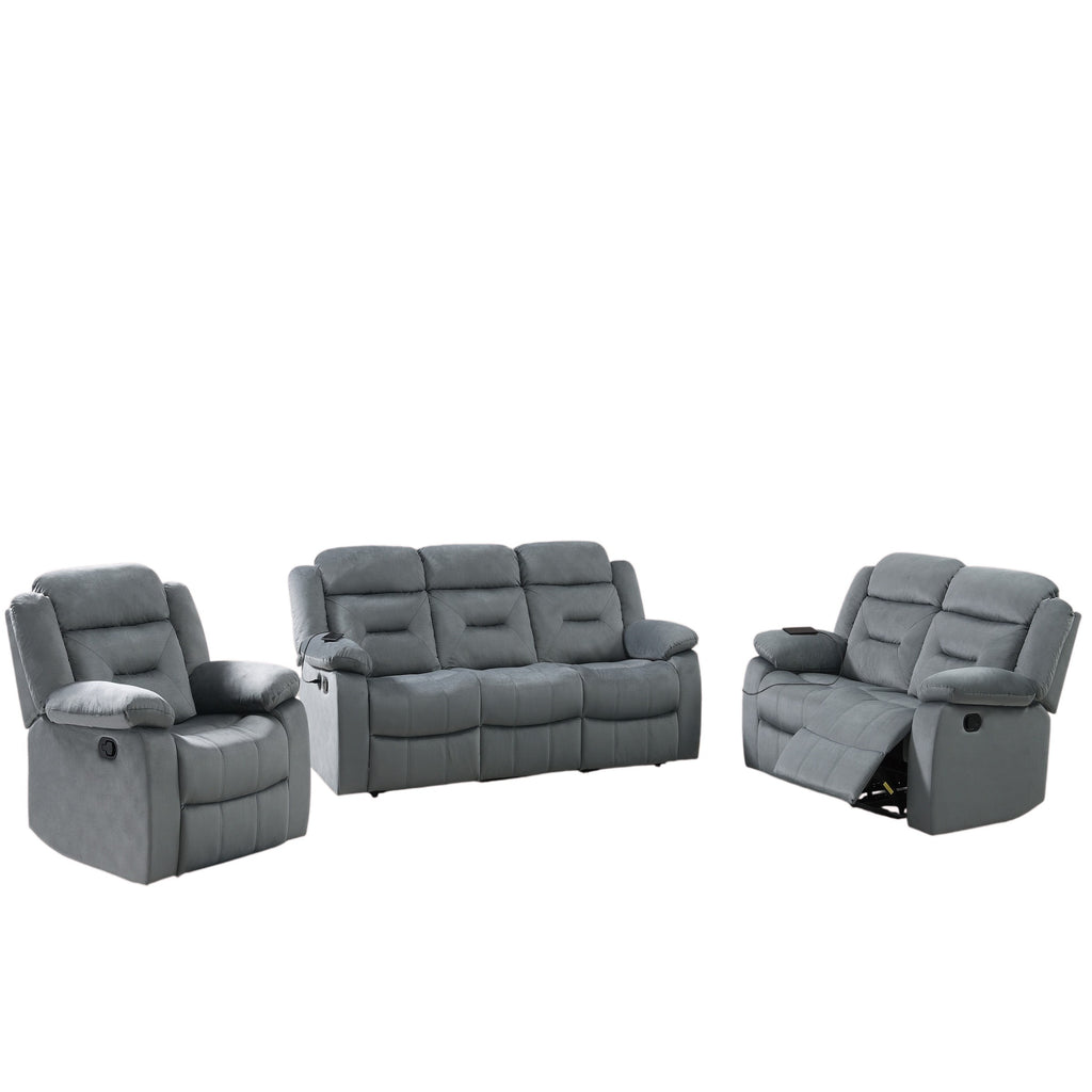Contemporary Style 3pc Living Room Set with Velvet Pillow Arms and Headrest, Dark Gray Finish, Vertical Tufting, Reclining Sofa Loveseat Chair
