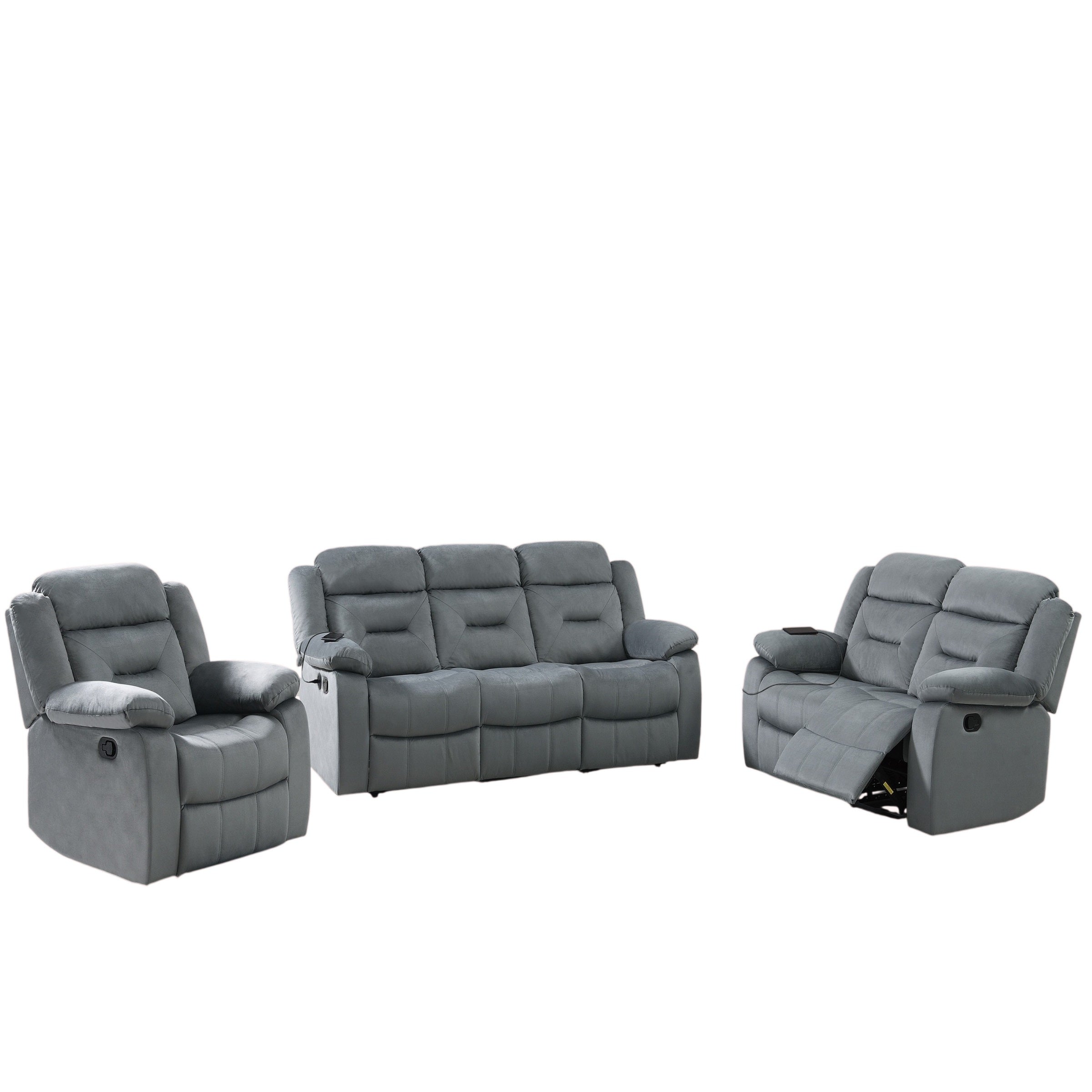 Contemporary Style 3pc Living Room Set with Velvet Pillow Arms and Headrest, Dark Gray Finish, Vertical Tufting, Reclining Sofa Loveseat Chair