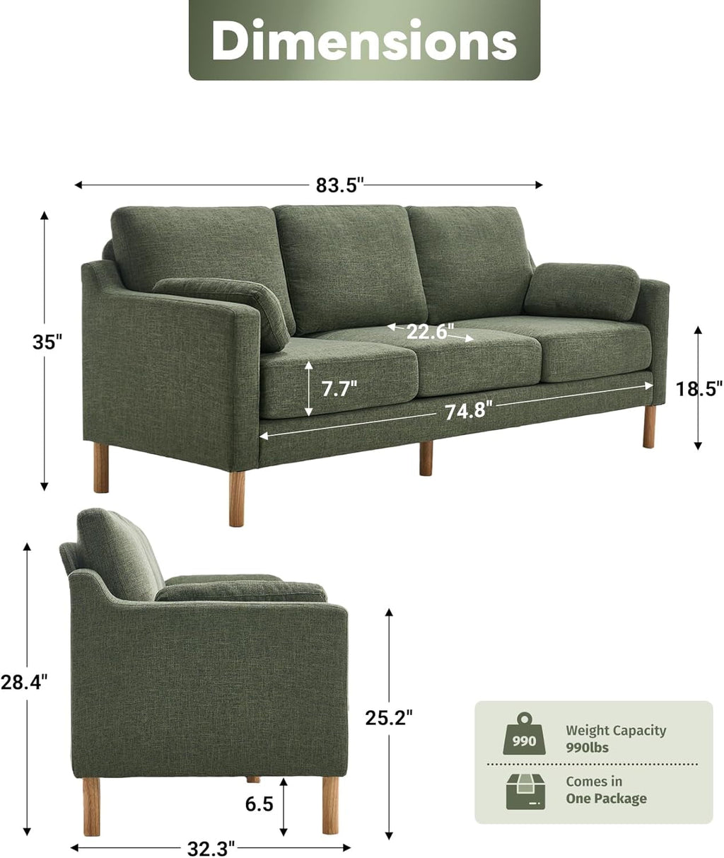 Dark green Linen Upholstered Mid Century Modern Sofa-1