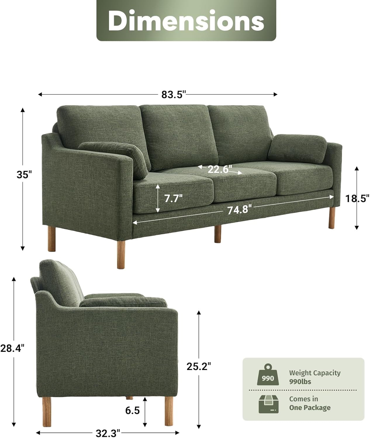 Dark green Linen Upholstered Mid Century Modern Sofa-1